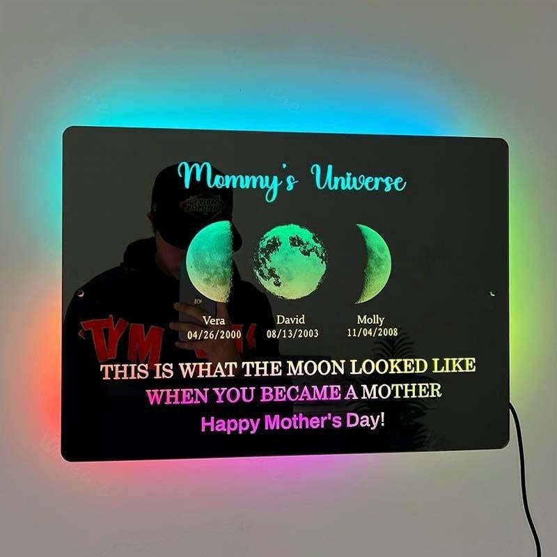 Benutzerdefinierter LED-Spiegel-Lichtrahmen mit Text und Datum - Mamas Universum