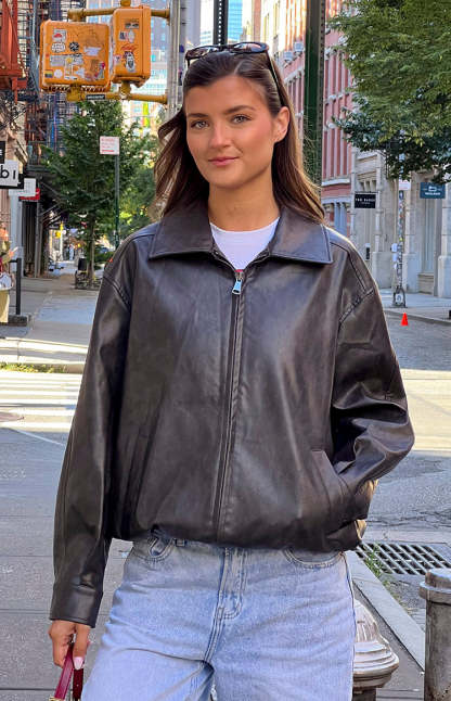 Abbi PU Vintage Black Bomber Jacket-Vavasi.All Rights Reserved.