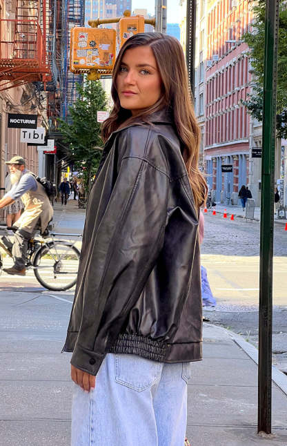 Abbi PU Vintage Black Bomber Jacket-Vavasi.All Rights Reserved.