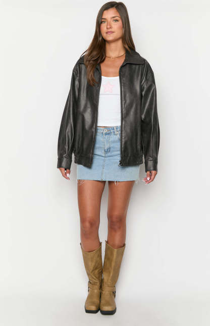 Abbi PU Vintage Black Bomber Jacket-Vavasi.All Rights Reserved.