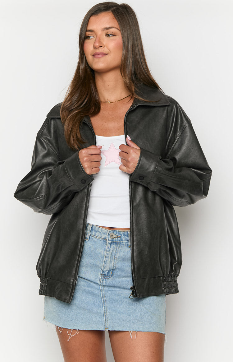 Abbi PU Vintage Black Bomber Jacket-Vavasi.All Rights Reserved.