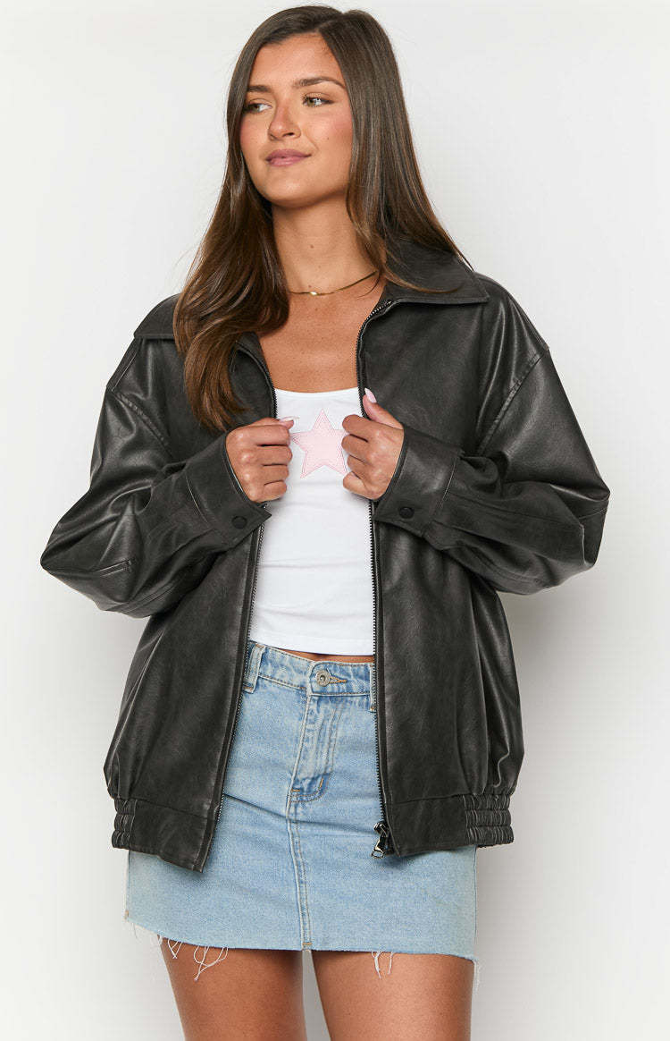 Abbi PU Vintage Black Bomber Jacket-Vavasi.All Rights Reserved.