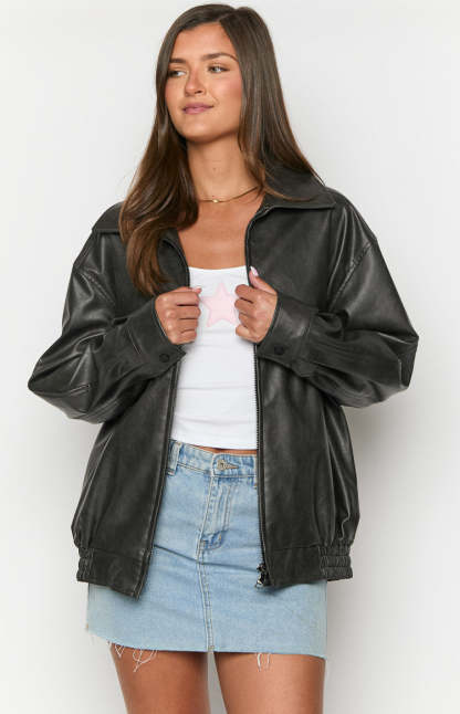 Abbi PU Vintage Black Bomber Jacket-Vavasi.All Rights Reserved.
