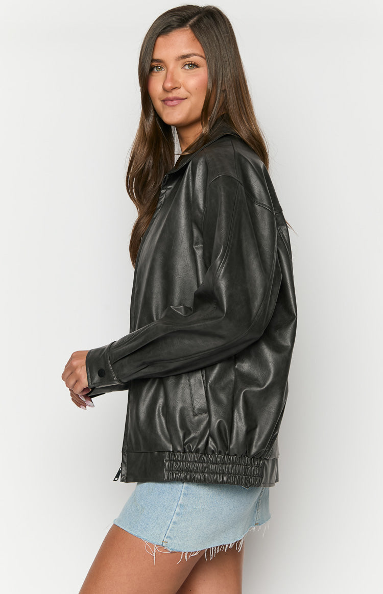 Abbi PU Vintage Black Bomber Jacket-Vavasi.All Rights Reserved.