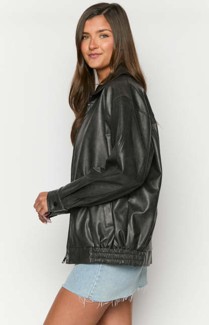 Abbi PU Vintage Black Bomber Jacket-Vavasi.All Rights Reserved.