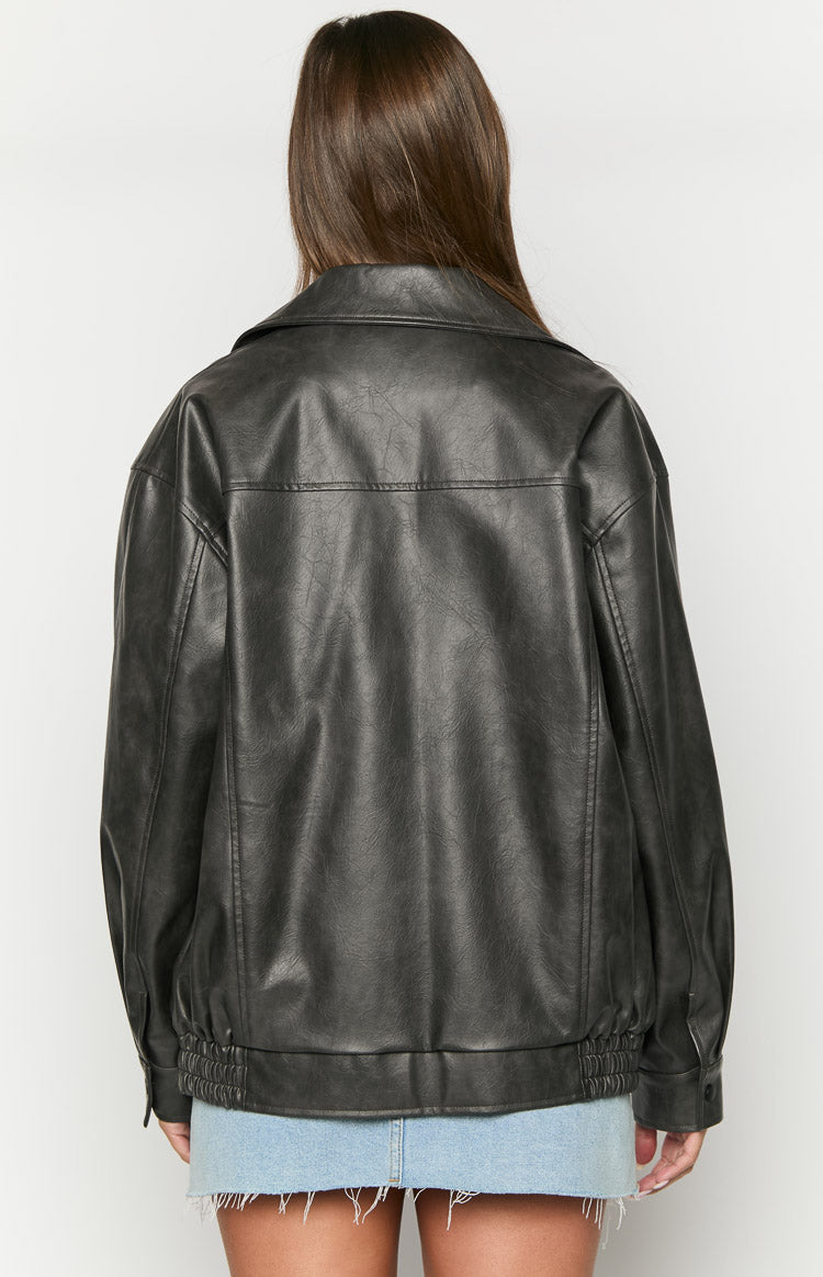 Abbi PU Vintage Black Bomber Jacket-Vavasi.All Rights Reserved.