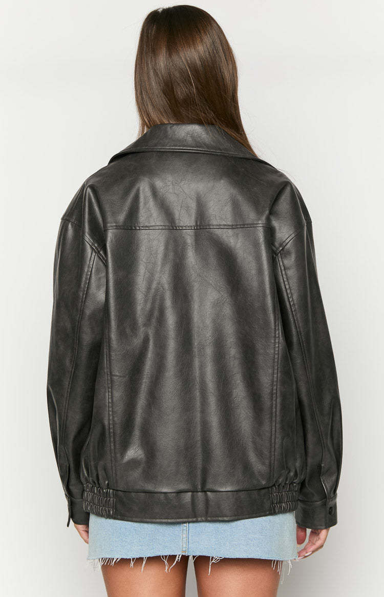 Abbi PU Vintage Black Bomber Jacket-Vavasi.All Rights Reserved.