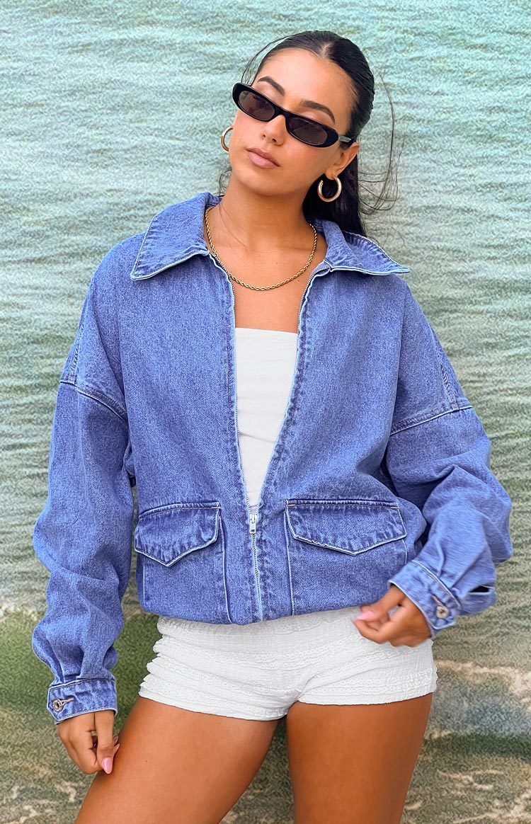 Abigail Mid Wash Denim Bomber Jacket-Vavasi.All Rights Reserved.