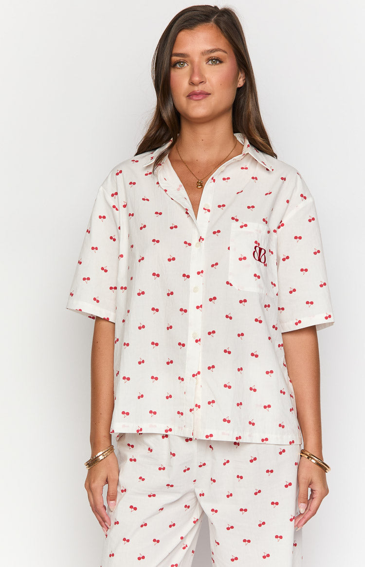 Alexea Cherry Print Pajama Shirt-Vavasi.All Rights Reserved.