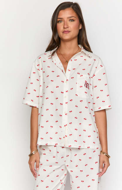 Alexea Cherry Print Pajama Shirt-Vavasi.All Rights Reserved.
