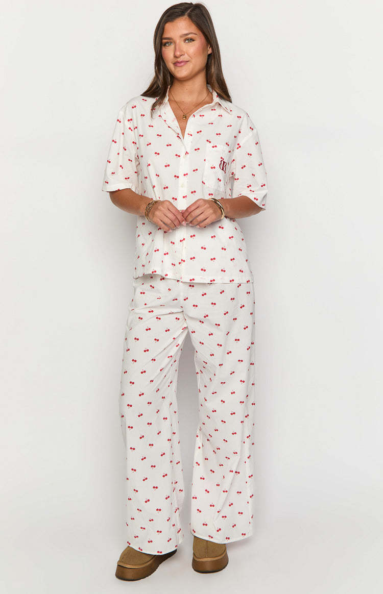 Alexea Cherry Print Pajama Shirt-Vavasi.All Rights Reserved.