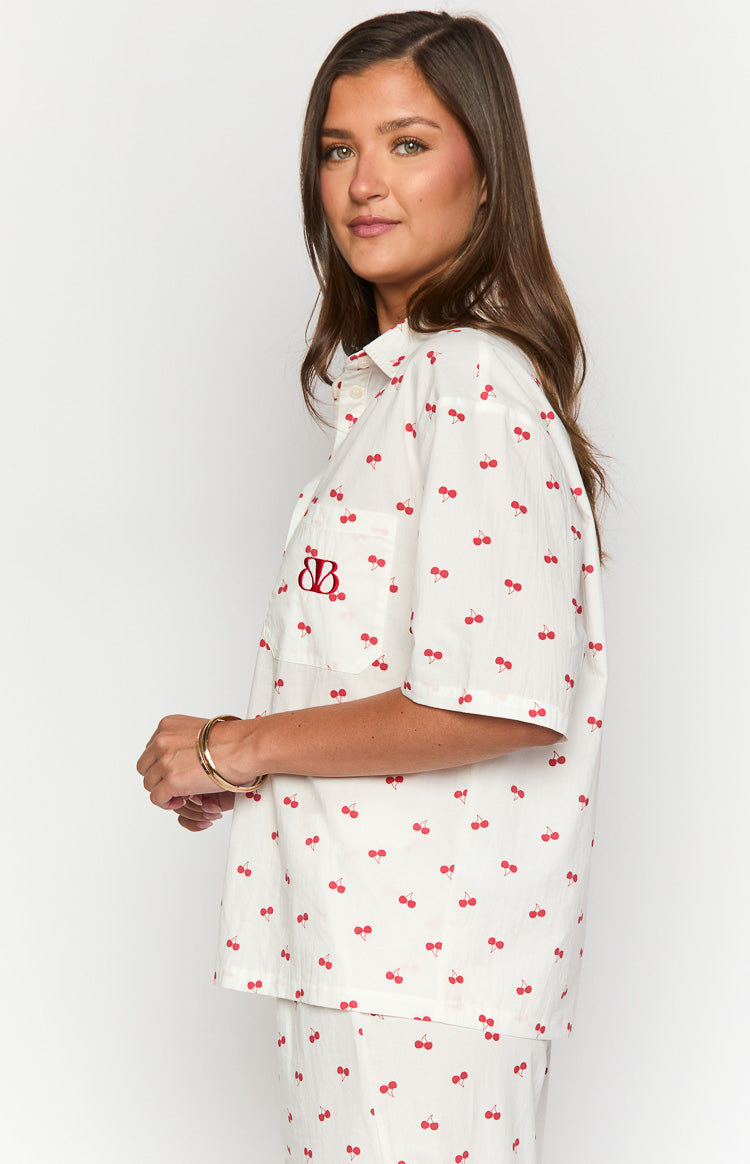 Alexea Cherry Print Pajama Shirt-Vavasi.All Rights Reserved.