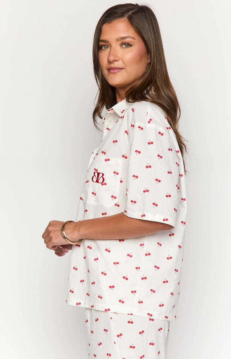 Alexea Cherry Print Pajama Shirt-Vavasi.All Rights Reserved.
