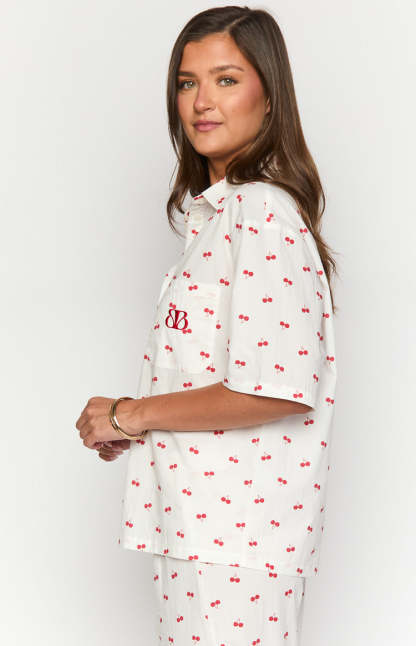 Alexea Cherry Print Pajama Shirt-Vavasi.All Rights Reserved.