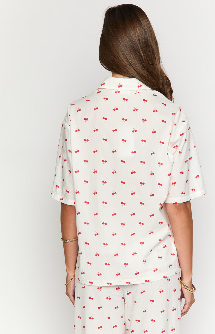 Alexea Cherry Print Pajama Shirt-Vavasi.All Rights Reserved.