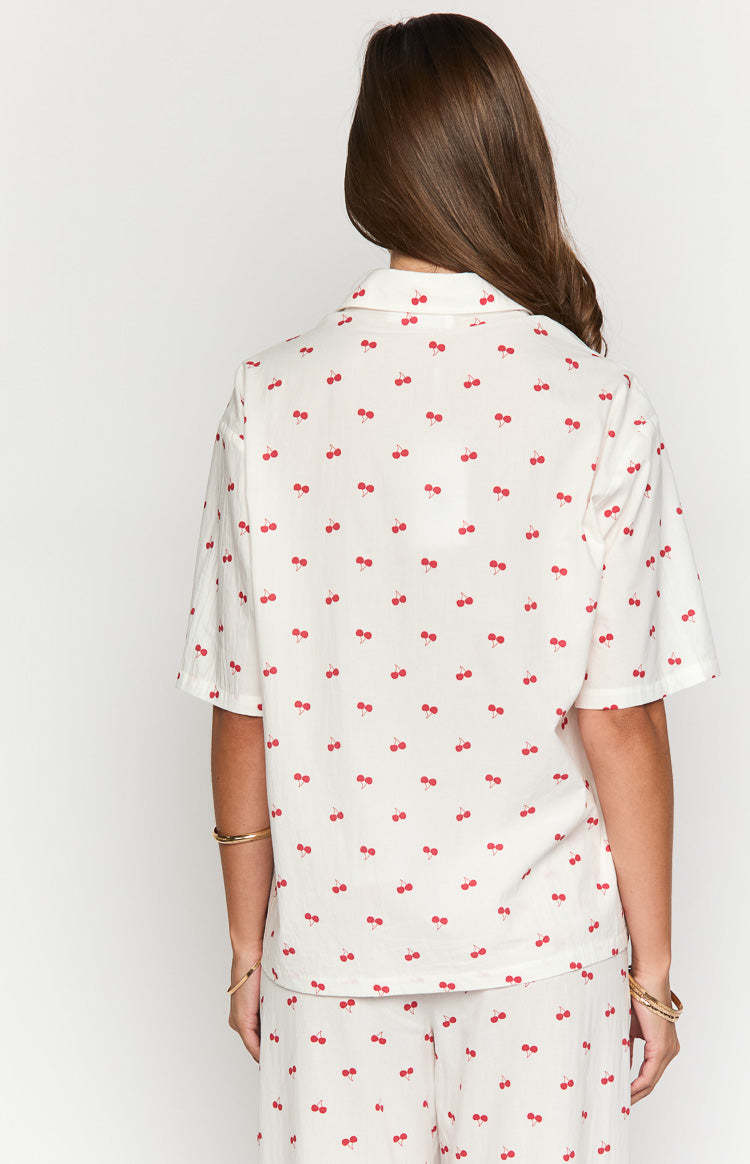 Alexea Cherry Print Pajama Shirt-Vavasi.All Rights Reserved.