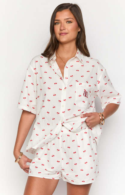 Alexea Cherry Print Pajama Shorts-Vavasi.All Rights Reserved.
