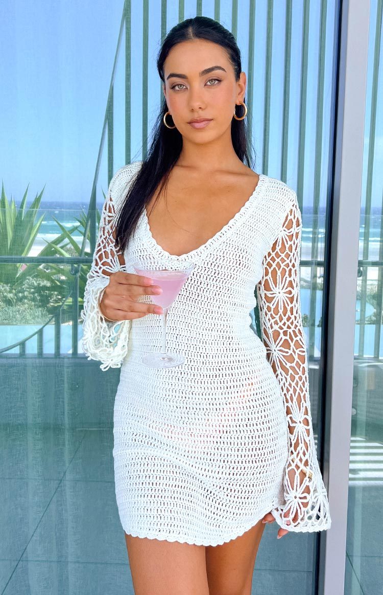 Amlee White Crochet Long Sleeve Mini Dress-Vavasi.All Rights Reserved.