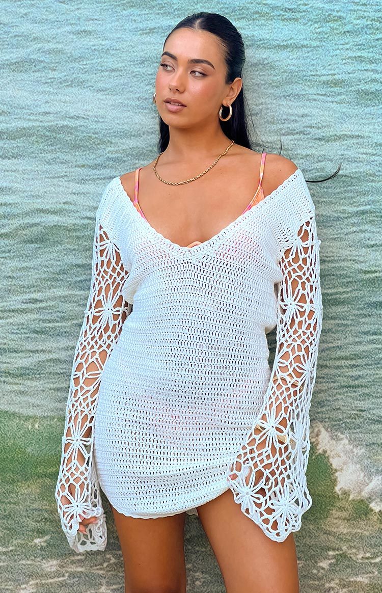 Amlee White Crochet Long Sleeve Mini Dress-Vavasi.All Rights Reserved.