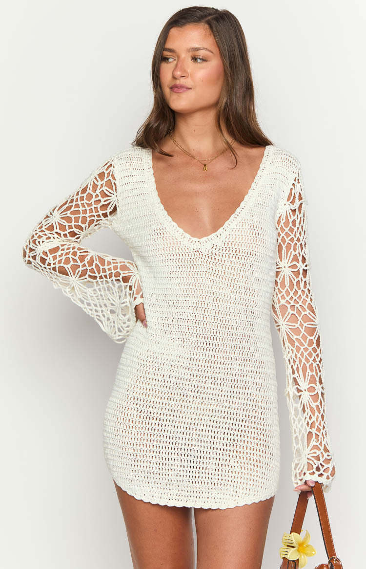 Amlee White Crochet Long Sleeve Mini Dress-Vavasi.All Rights Reserved.