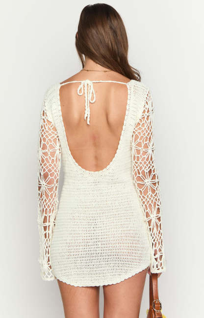 Amlee White Crochet Long Sleeve Mini Dress-Vavasi.All Rights Reserved.