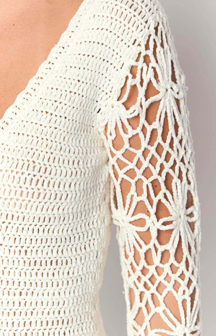 Amlee White Crochet Long Sleeve Mini Dress-Vavasi.All Rights Reserved.