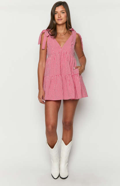 Angel Girl Red Gingham Mini Dress-Vavasi.All Rights Reserved.