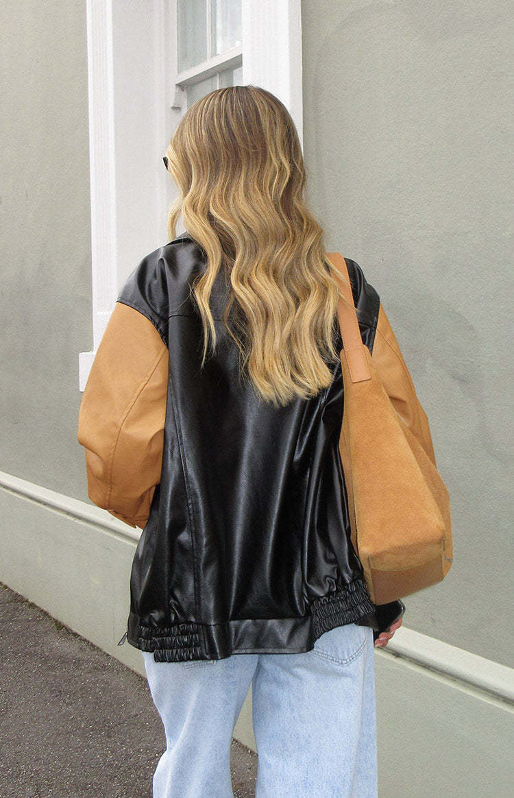 Abbi PU Black And Brown Contrast Bomber Jacket-Vavasi.All Rights Reserved.