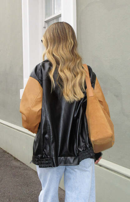 Abbi PU Black And Brown Contrast Bomber Jacket-Vavasi.All Rights Reserved.