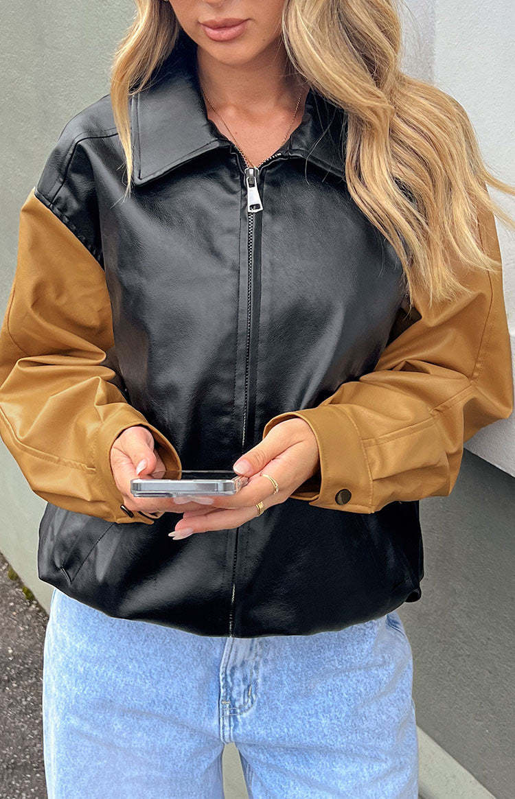Abbi PU Black And Brown Contrast Bomber Jacket-Vavasi.All Rights Reserved.