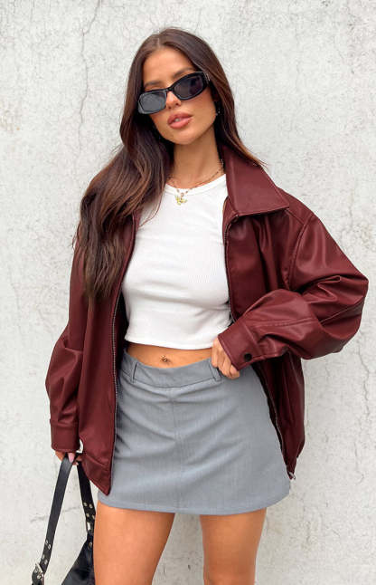 Abbi PU Red Bomber Jacket-Vavasi.All Rights Reserved.