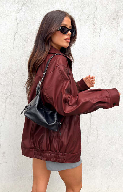 Abbi PU Red Bomber Jacket-Vavasi.All Rights Reserved.