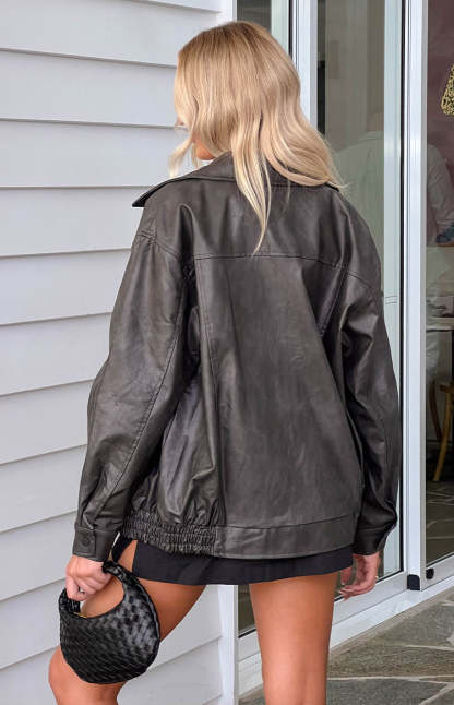 Abbi PU Vintage Black Bomber Jacket-Vavasi.All Rights Reserved.