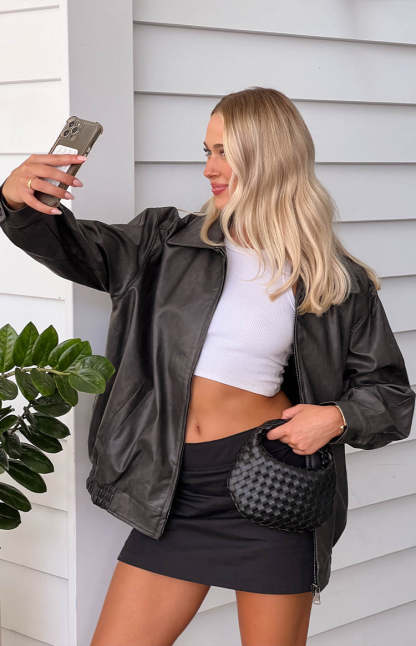 Abbi PU Vintage Black Bomber Jacket-Vavasi.All Rights Reserved.