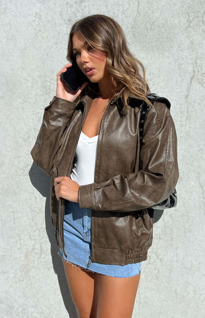 Abbi PU Vintage Brown Bomber Jacket-Vavasi.All Rights Reserved.