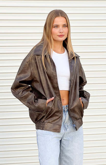 Abbi PU Vintage Brown Bomber Jacket-Vavasi.All Rights Reserved.
