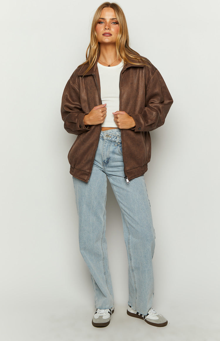 Abbi Brown Faux Suede Bomber Jacket-Vavasi.All Rights Reserved.