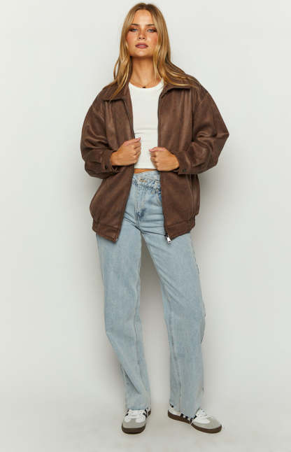 Abbi Brown Faux Suede Bomber Jacket-Vavasi.All Rights Reserved.