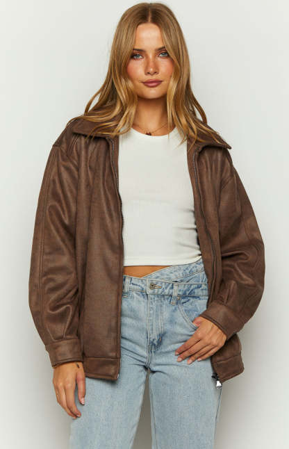 Abbi Brown Faux Suede Bomber Jacket-Vavasi.All Rights Reserved.