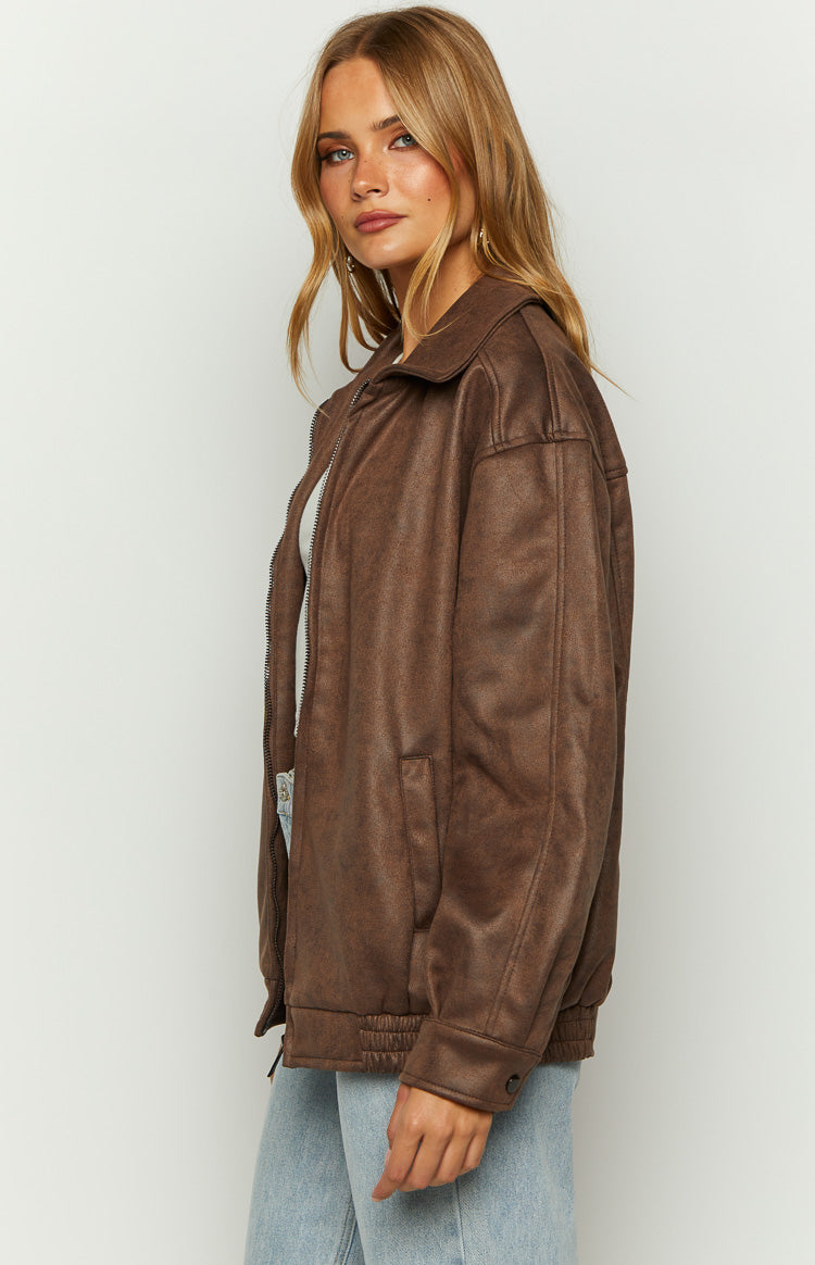 Abbi Brown Faux Suede Bomber Jacket-Vavasi.All Rights Reserved.