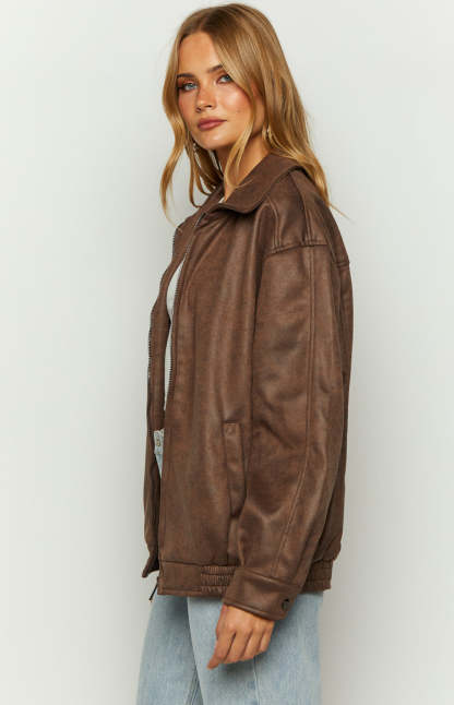 Abbi Brown Faux Suede Bomber Jacket-Vavasi.All Rights Reserved.