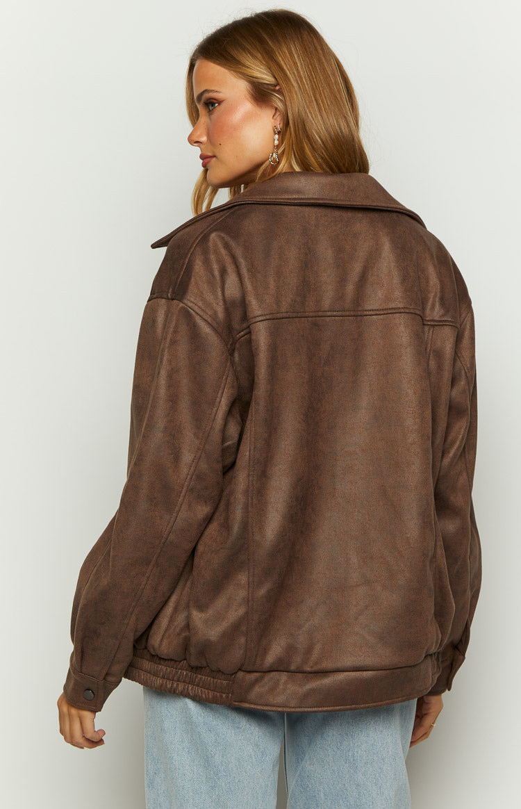 Abbi Brown Faux Suede Bomber Jacket-Vavasi.All Rights Reserved.