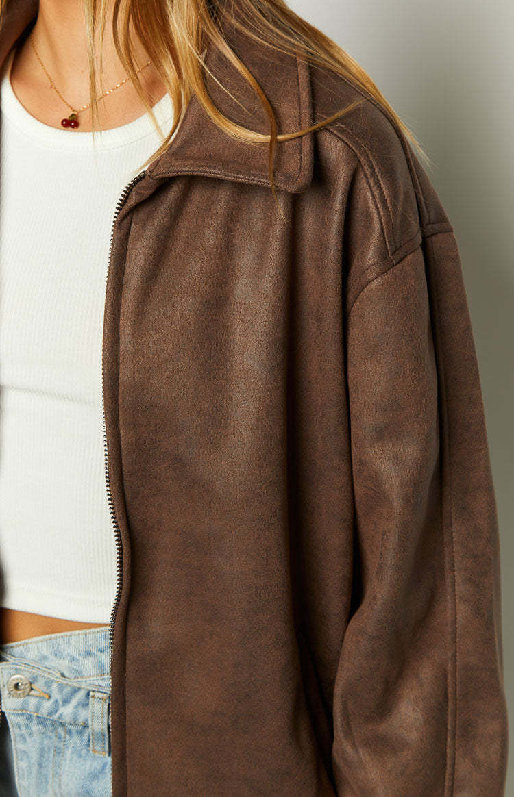 Abbi Brown Faux Suede Bomber Jacket-Vavasi.All Rights Reserved.