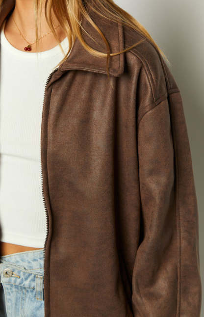 Abbi Brown Faux Suede Bomber Jacket-Vavasi.All Rights Reserved.