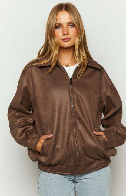 Abbi Brown Faux Suede Bomber Jacket-Vavasi.All Rights Reserved.