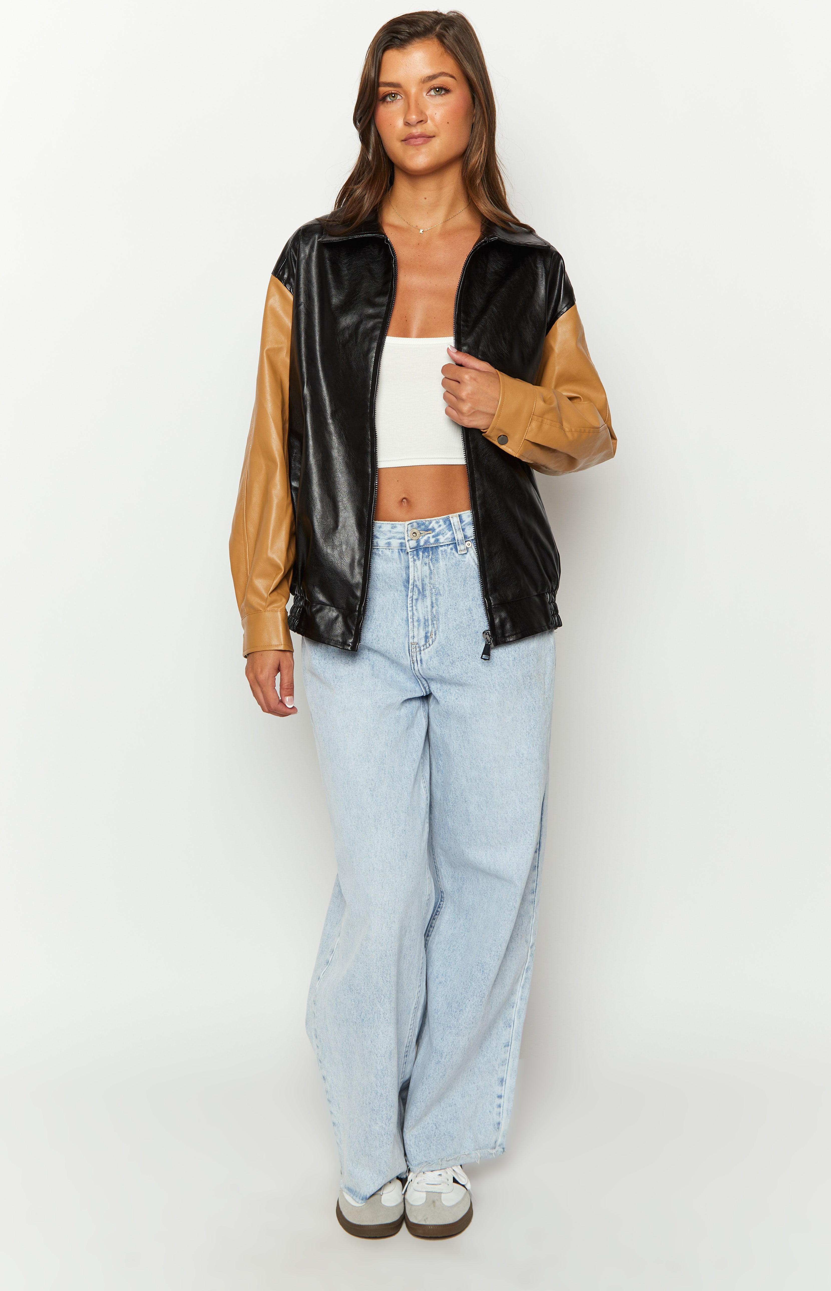 Abbi PU Black And Brown Contrast Bomber Jacket-Vavasi.All Rights Reserved.
