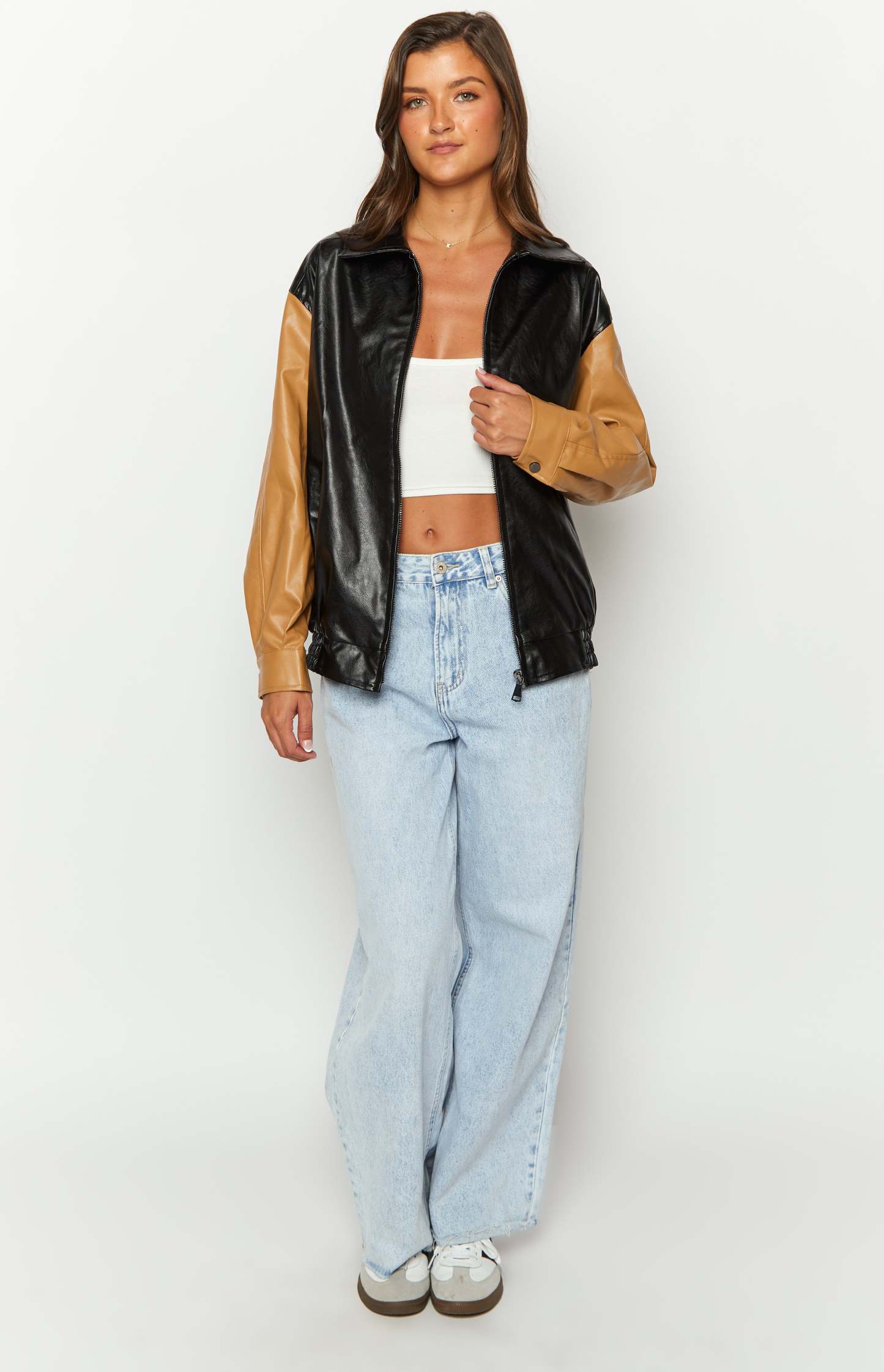 Abbi PU Black And Brown Contrast Bomber Jacket-Vavasi.All Rights Reserved.