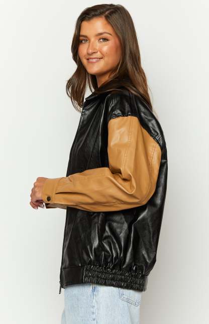 Abbi PU Black And Brown Contrast Bomber Jacket-Vavasi.All Rights Reserved.