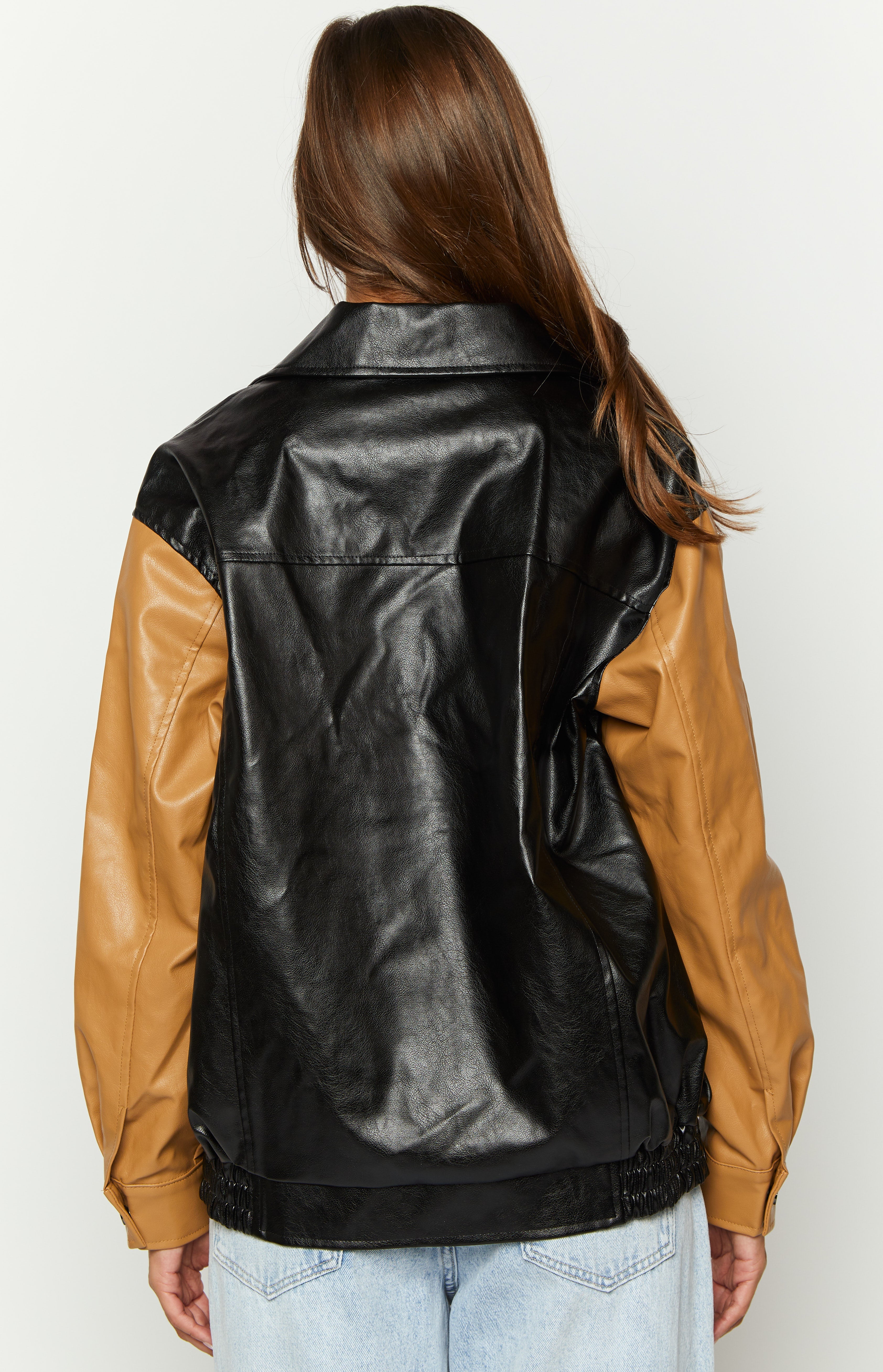 Abbi PU Black And Brown Contrast Bomber Jacket-Vavasi.All Rights Reserved.