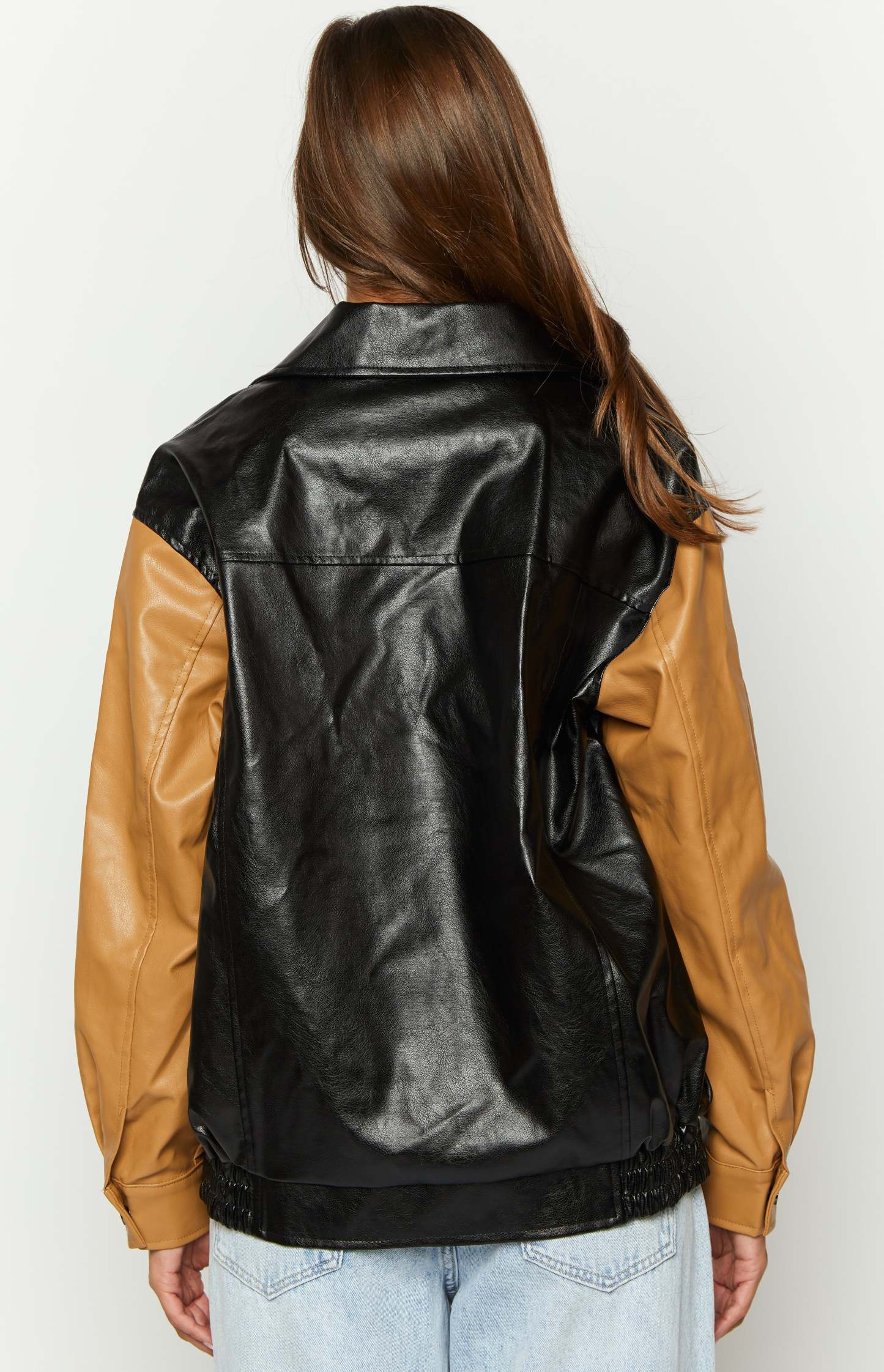 Abbi PU Black And Brown Contrast Bomber Jacket-Vavasi.All Rights Reserved.